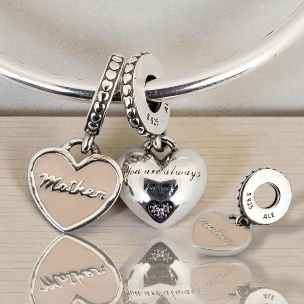 PANDORA Sterling Silver "MOTHER" Heart Dangle Charm With Enamel & CZ Retired
